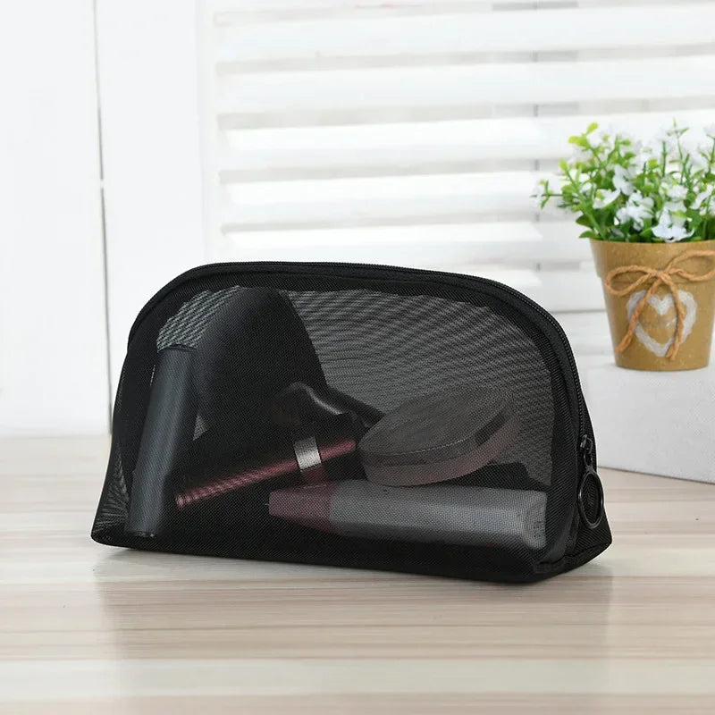 Women Necessary Cosmetic Bag Fashion Black Mesh Transparent Travel Organizer Large Capacity Toiletry Bags Portable Makeup Pouch