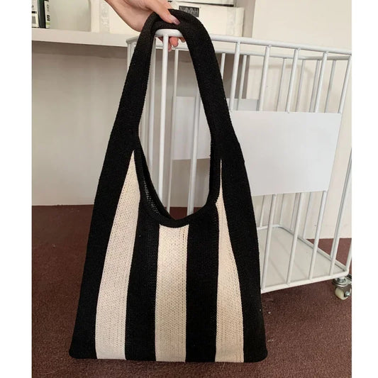 Wide Stripe Knitted Handbag Large Capacity Tote Summer Beach Bag Woven Shoulder Bag