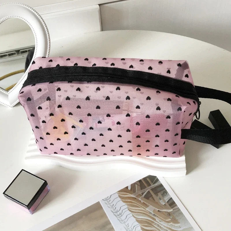 Heart-Shaped Nylon Mesh Cosmetic Bag Portable Toiletry Organizer Makeup Bag Multifunctional Women Lipstick Key Coin Purse Pouch