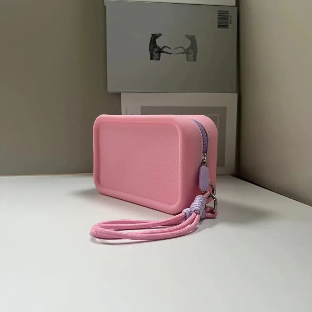 Square Silicone Coin Purse Mini Lipstick Cosmetic Bag Small Jewelry Bag Data Cable Storage Bag Women Wallet With Wrist Strap