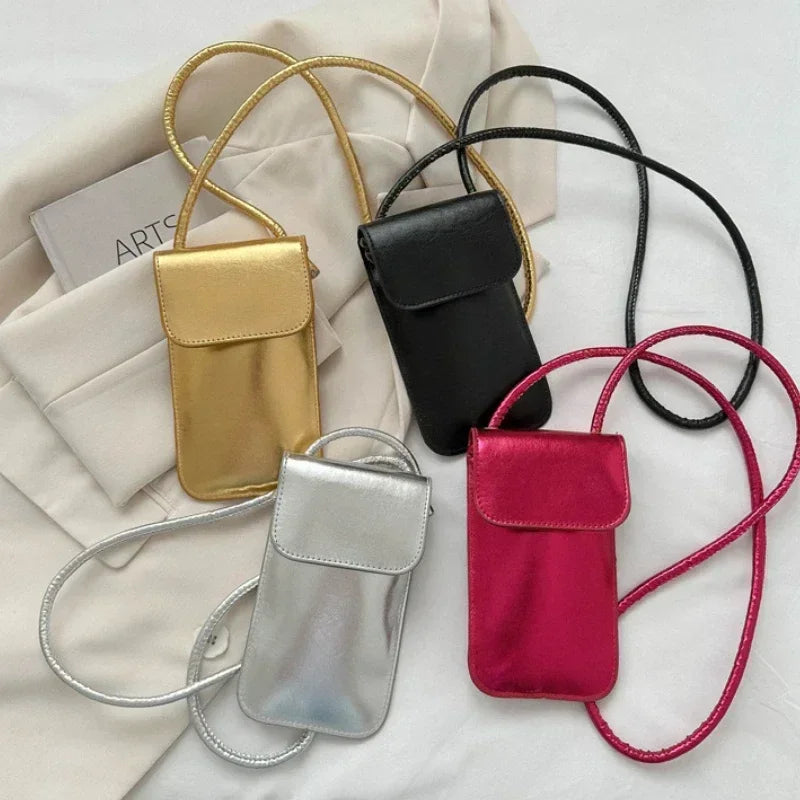 Fashion Shoulder Crossbody Bag for Women Silver Gold PU Leather Mini Portable Lipstick Messenger Bag Mobile Phone Bag Wallets