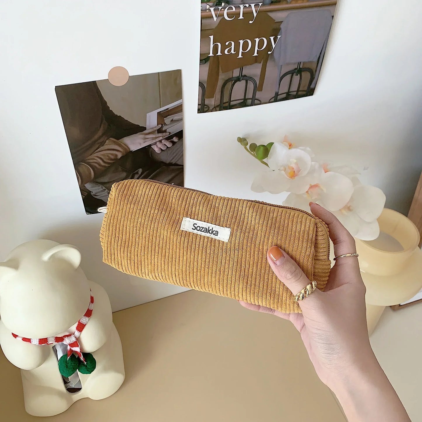 Korean Corduroy Cosmetic Bag Small Makeup Pouch Lady Portable Travel Toiletry Bag Makeup Organizer Student Cute Pencil Case