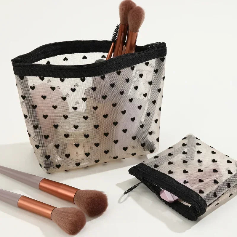 Heart Shaped Transparent Mesh Makeup Bag Women Cosmetic Toiletry Storage Bag Ladies Lipstick Key Coin Organizer Bags Purse Pouch