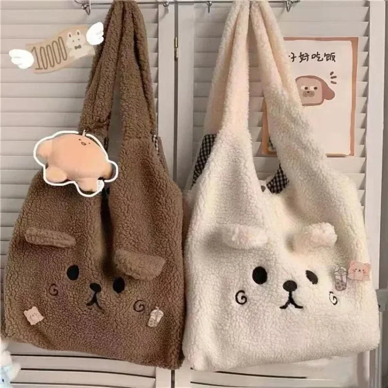 Winter Plush Tote Bag Women Cartoon Embroidery Lamb Hair Shoulder Shopper Bag