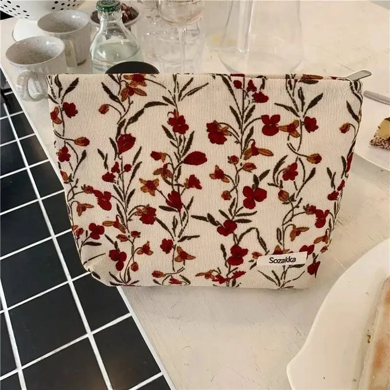 Cosmetic Bag Women Floral Makeup Case Organizer Korean Embroidery Cosmetic Pouch Travel Toiletry Bag Corduroy Canvas Beauty Case