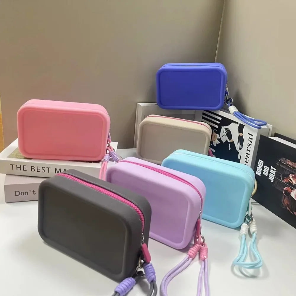 Square Silicone Coin Purse Mini Lipstick Cosmetic Bag Small Jewelry Bag Data Cable Storage Bag Women Wallet With Wrist Strap