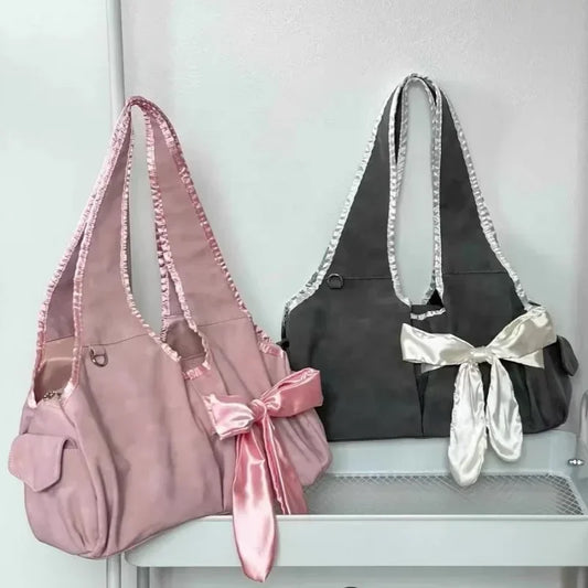 Harajuku Large Capacity Grey Tote Bag Women Fairycore Aesthetic Bow Vintage Shoulder Bag