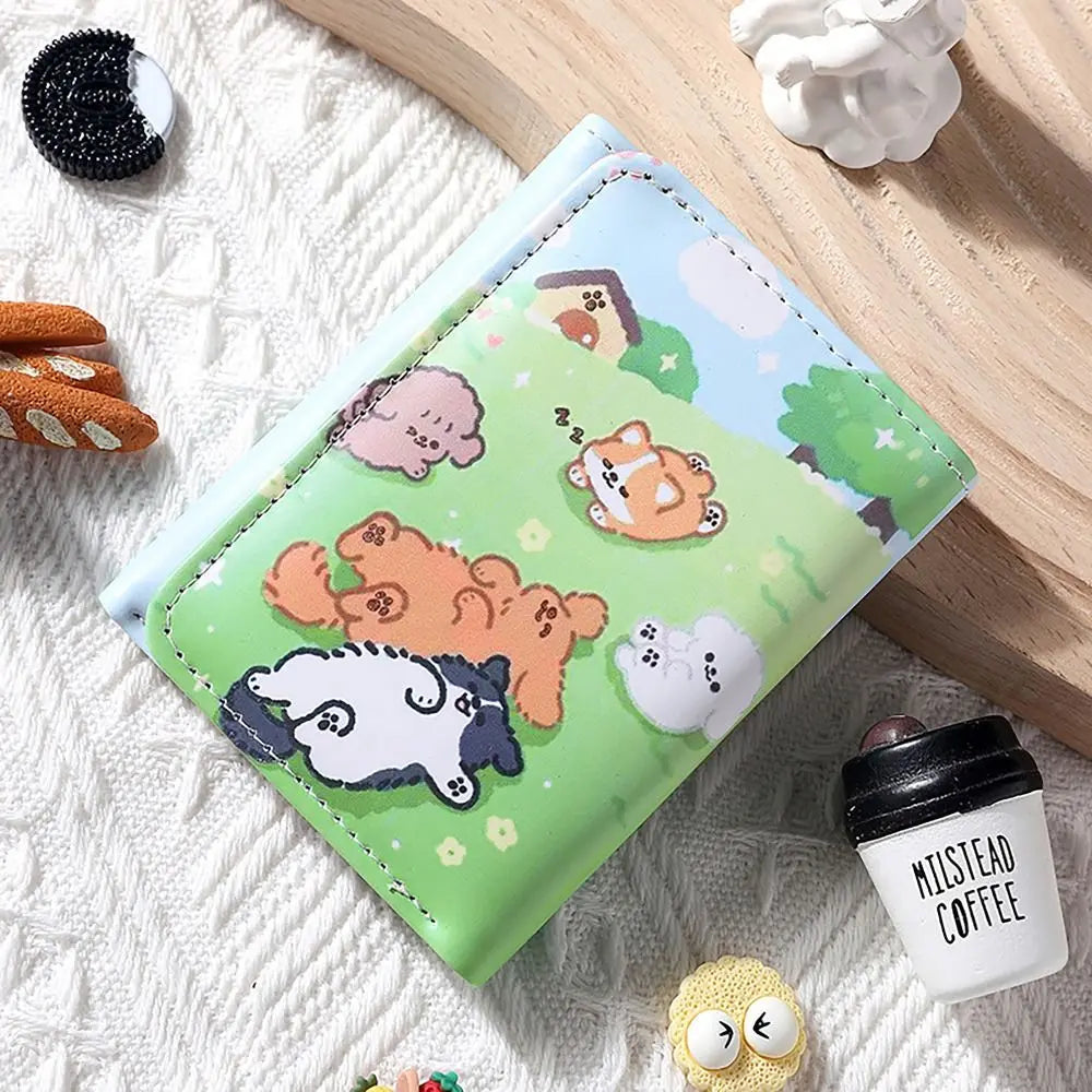 PU Leather Money Coin Purse 3 Folds INS Style Credit Card Holoder Cute Kitten Dog Card Wallets Money Bag Girls Students Gift