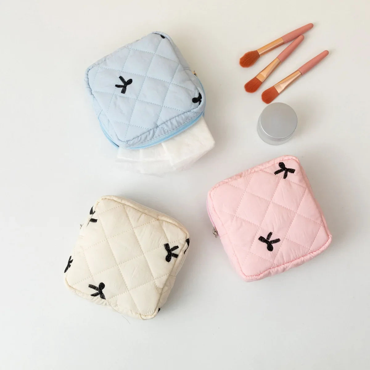 Candy Color Bow Canvas Lipstick Cosmetic Bag Cute Women's Makeup Bag Large Capacity Sanitary Napkins Storage Bag Tampon Pouch