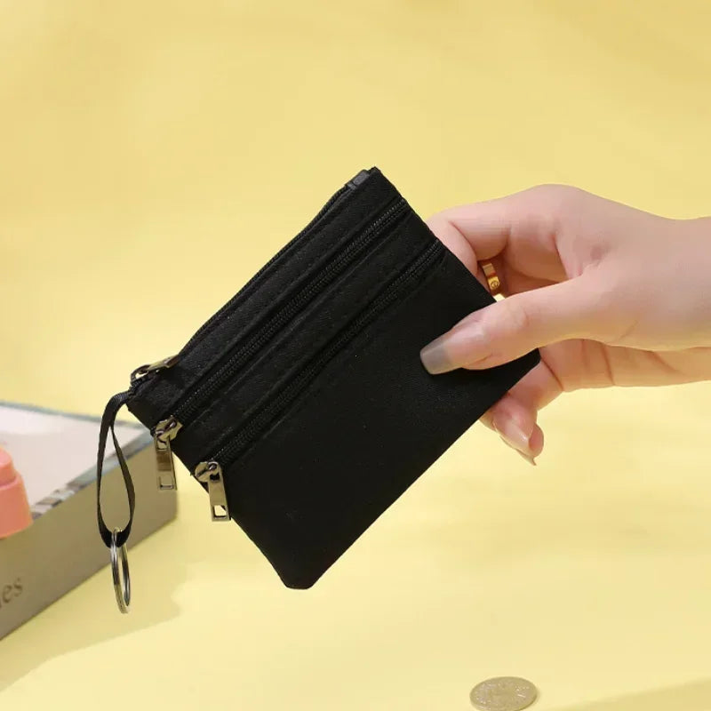 3 Zippers Canvas Coin Purse Women's Mini Wallet Solid Change Purses With Keychain Money Bags Coin Key Storage Bag Card Holder