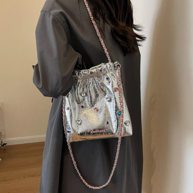 Diamonds Design Silver Leather Crossbody Bags for Women 2025 Luxury Designer Korean Fashion Chain Shoulder Bag Handbags