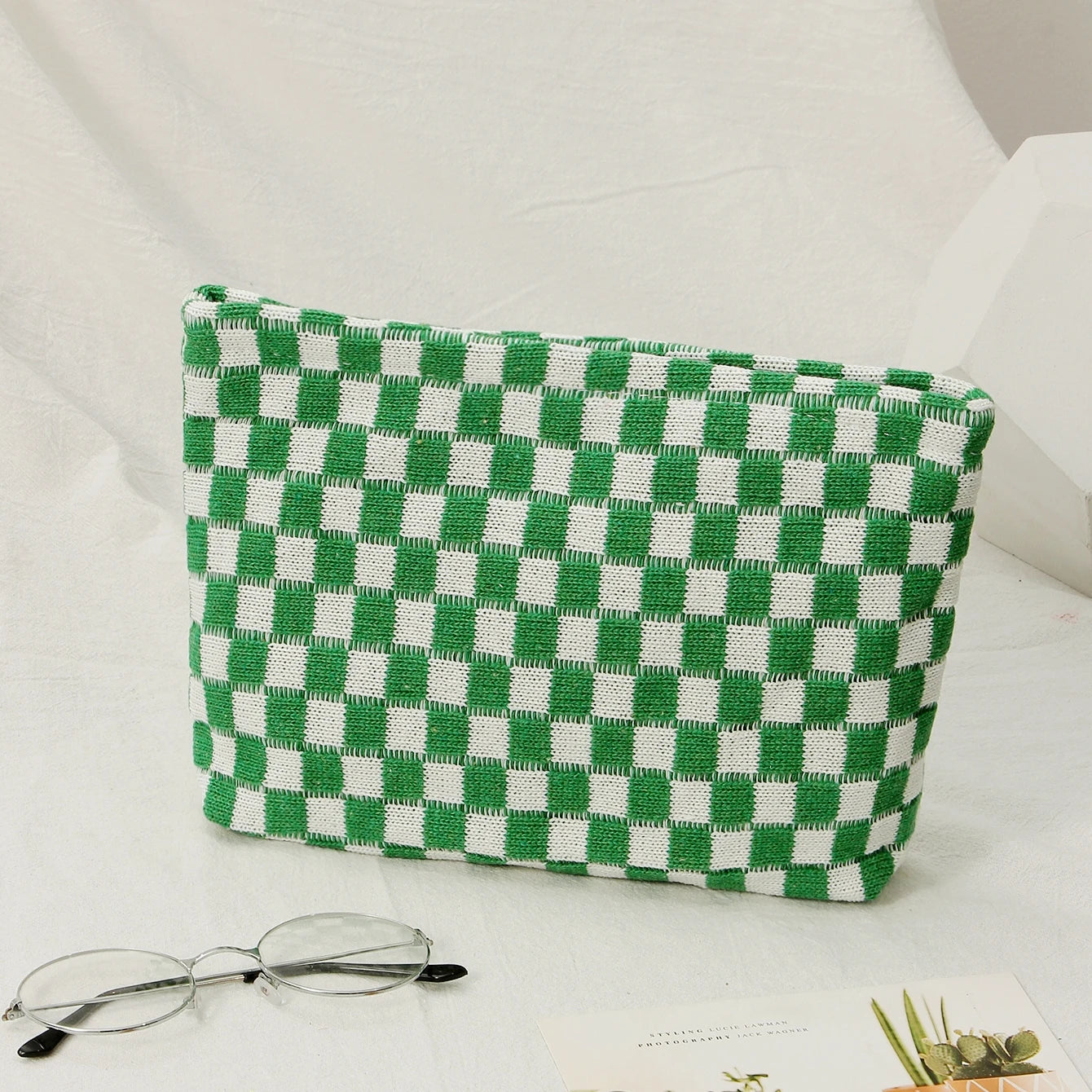 Checkerboard Cosmetic Bag Knitted Toiletry Storage Bag Colorful Makeup Pouch Organizer Checkered Pattern Cosmetic Bag