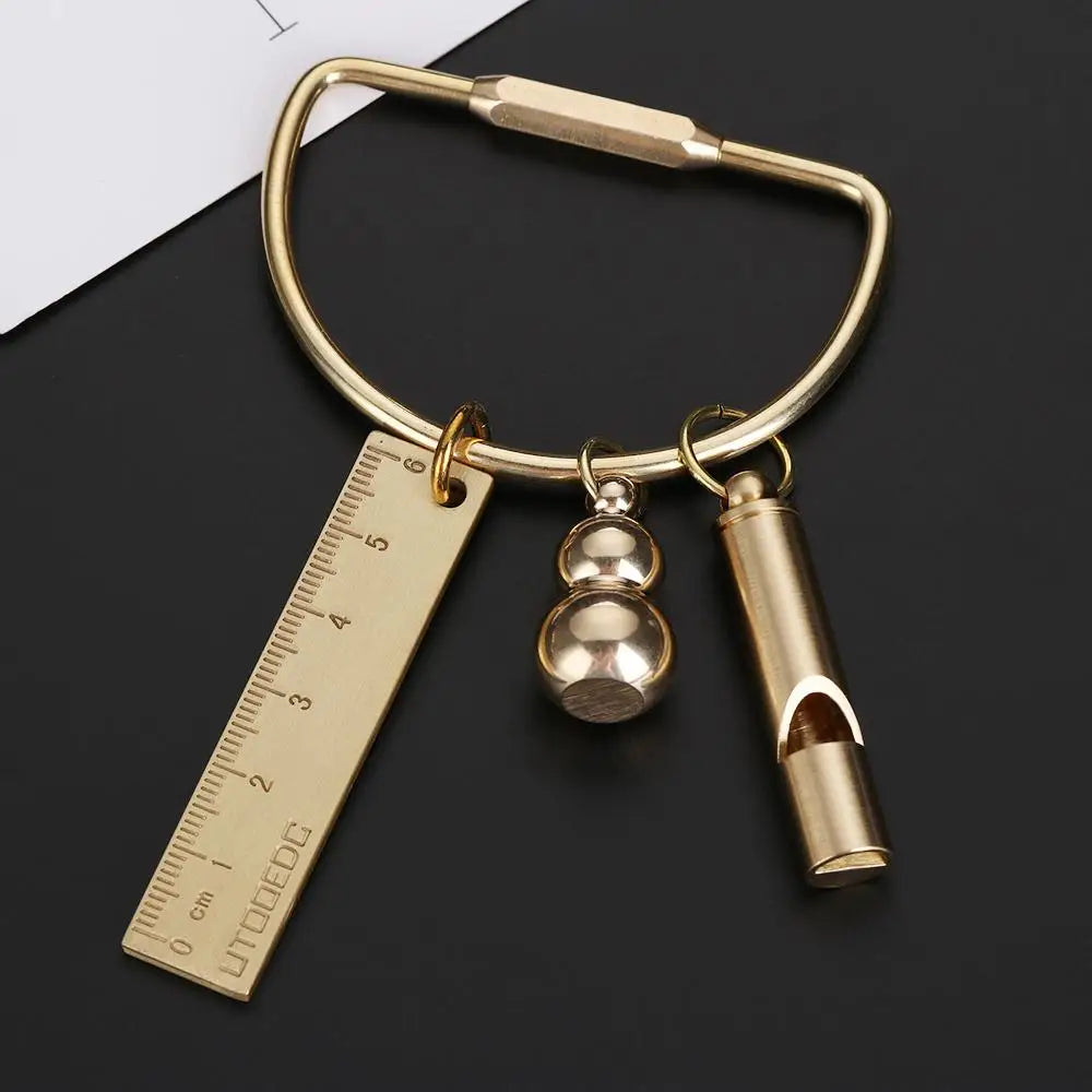 Portable Brass Keychain Creative Unique Key Ring Pendant Whistle Ruler Buckles DIY Craft Tools Jewelry Accessories