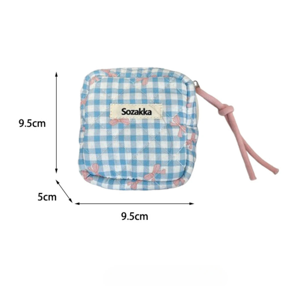 Mini Cute Plaid Square Cosmetic Bag Women Portable Earphones Lipstick Sanitary Napkins Storage Pouch Small Makeup Zipper Bags