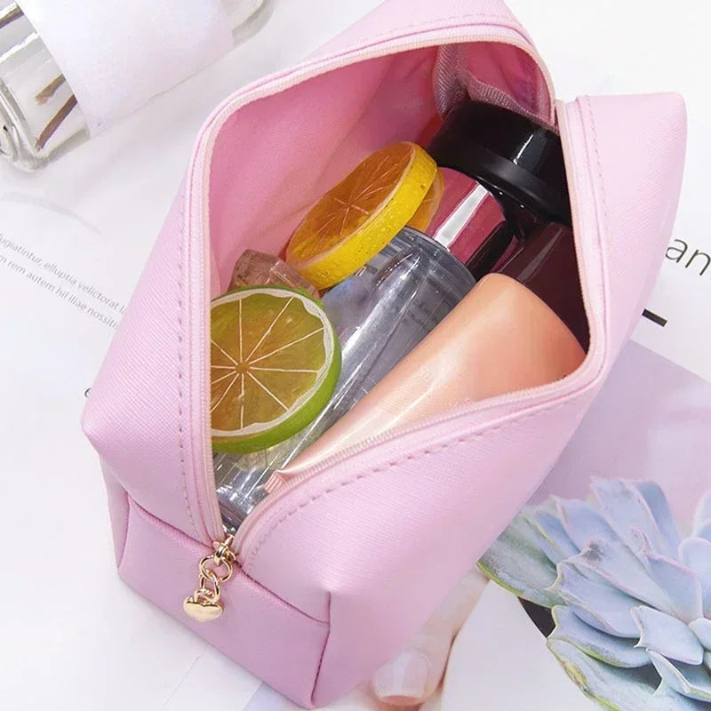 Waterproof PU Women Cosmetic Bag Cute Solid Color Travel Makeup Bags Woman Portable Make Up Toiletry Storage Bag Organizer Box