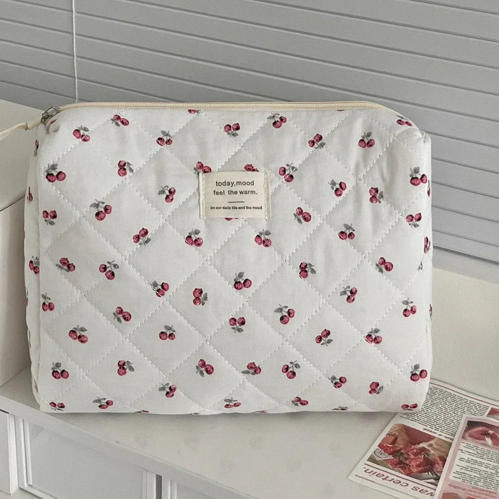 Cherry Quilted Cotton Makeup Bag Zipper Pouch