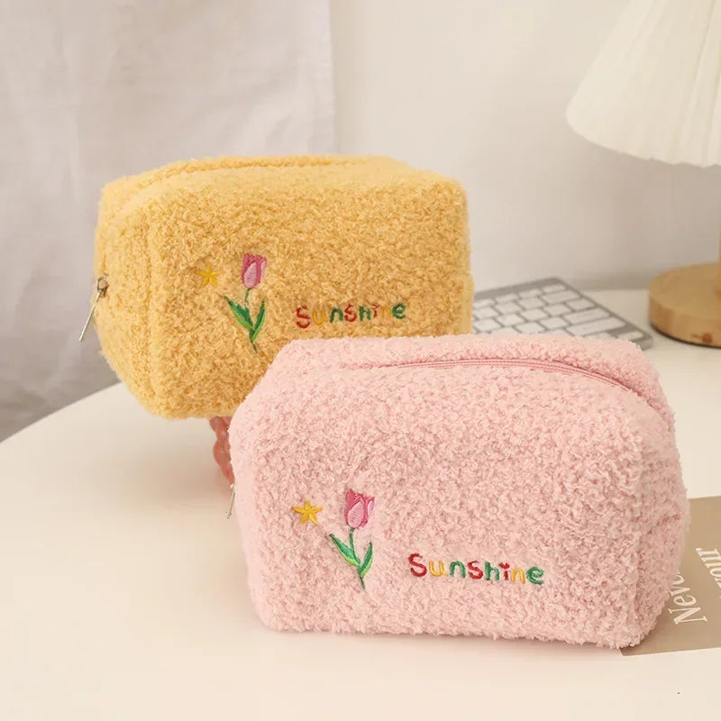 Cute Cosmetic Storage Bag Embroidered Flowers Cosmetic Bag Pencil Case Soft plush Makeup Bag for Lipstick Jewelry Pouch