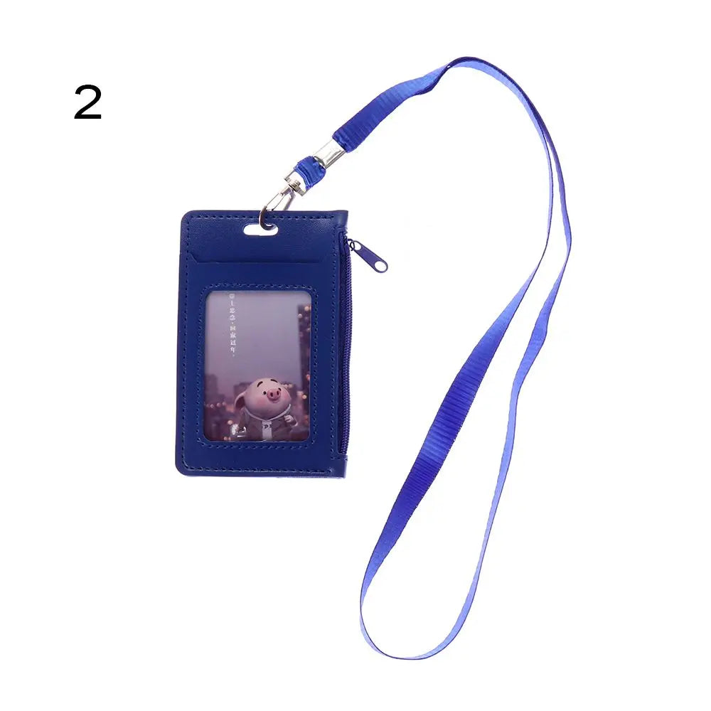 Fashion ID Badge Card Holder Colorful Leather Business Card Case Cover with Neck Lanyard Coin Purse Zipper Bag Wallets