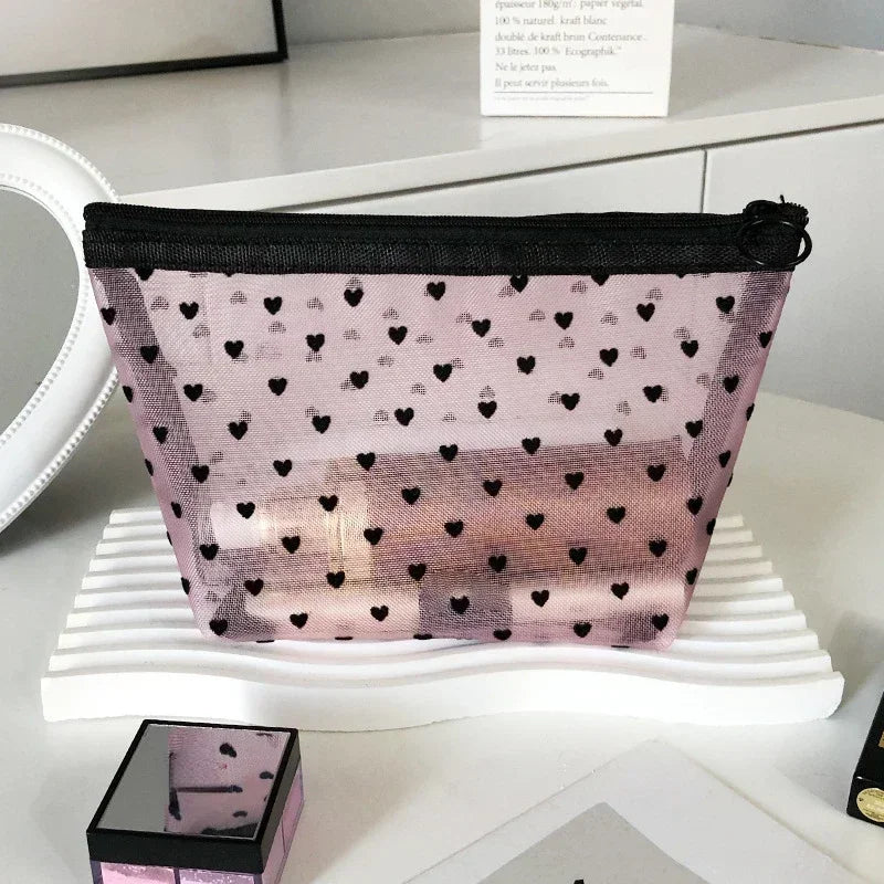 Nylon Mesh Cosmetic Bag Multifunctional Zipper Heart Shaped Toiletry Organizer Makeup Bags Women Lipstick Key Coin Purse Pouch