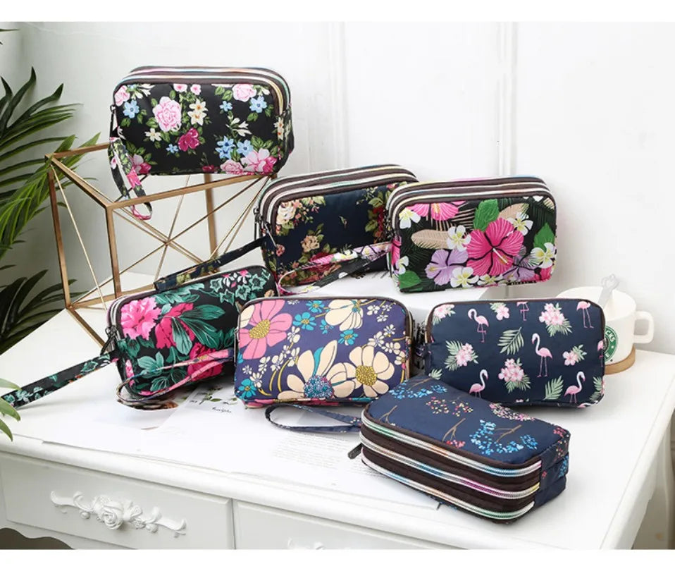 Fashion Flower Print Wallet For Women Three Layer High-capacity Mobile Phone Bag Portable Handheld Bag Mini Key Bag Clutch Bag