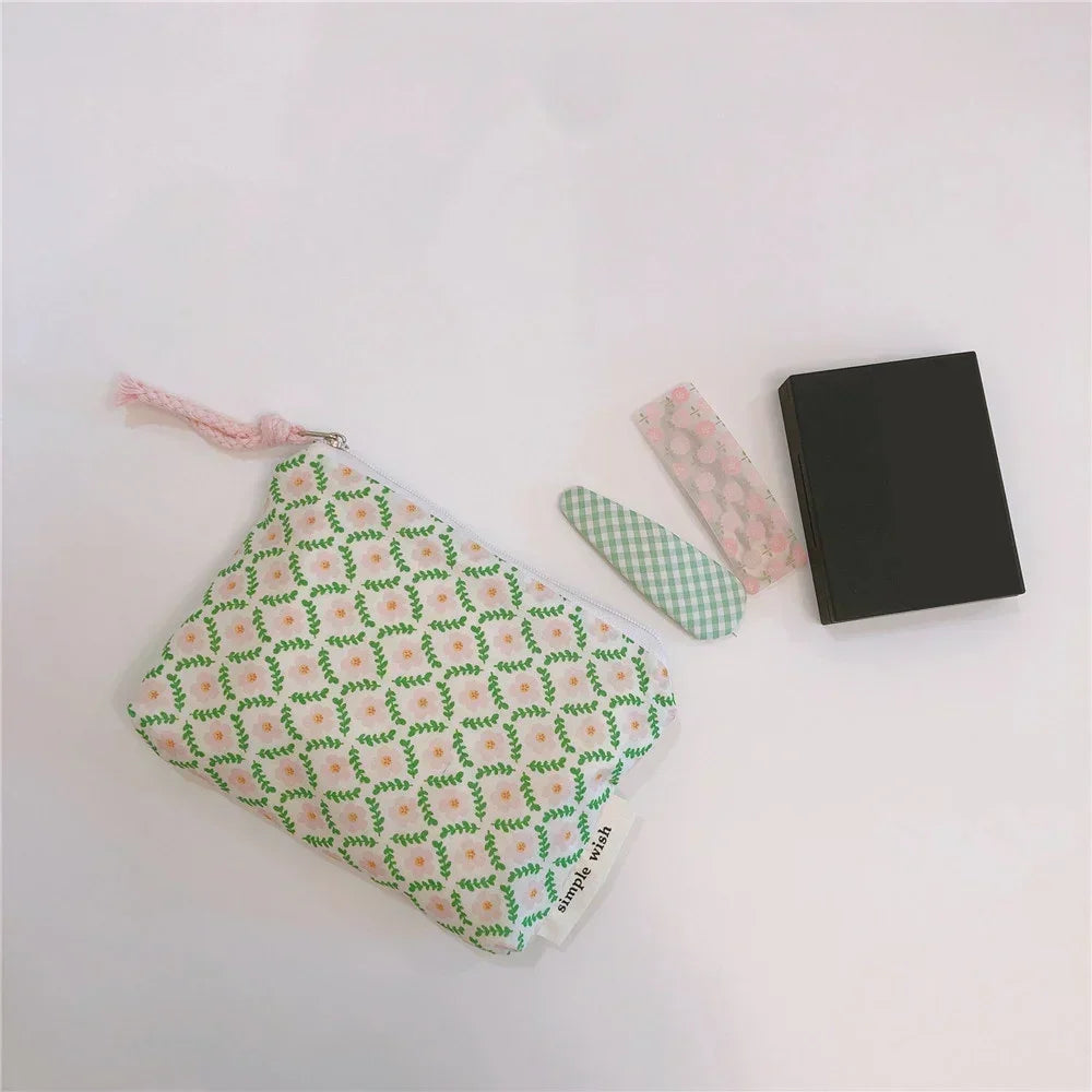 Summer Fresh Floral Print Cotton Coin Purse Mini Storage Small Cloth Bag Headphone Bag Travel Cosmetic Pouch Make Up Storage Bag