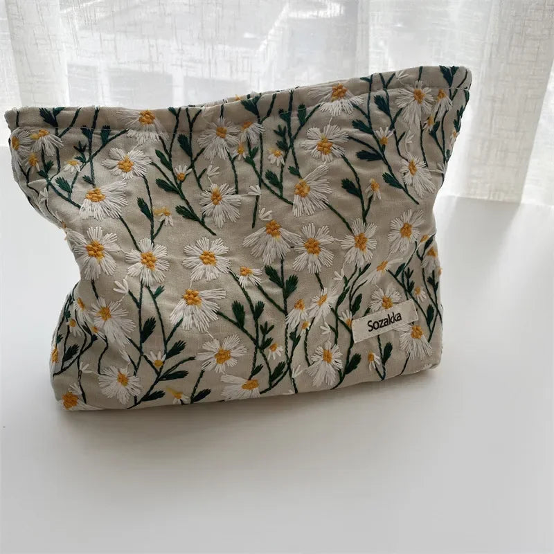 Fashion Retro Flowers Print Cosmetic Bag Canvas Washing Bag Large Capacity Women Travel Cosmetic Pouch Make Up Storage Bags