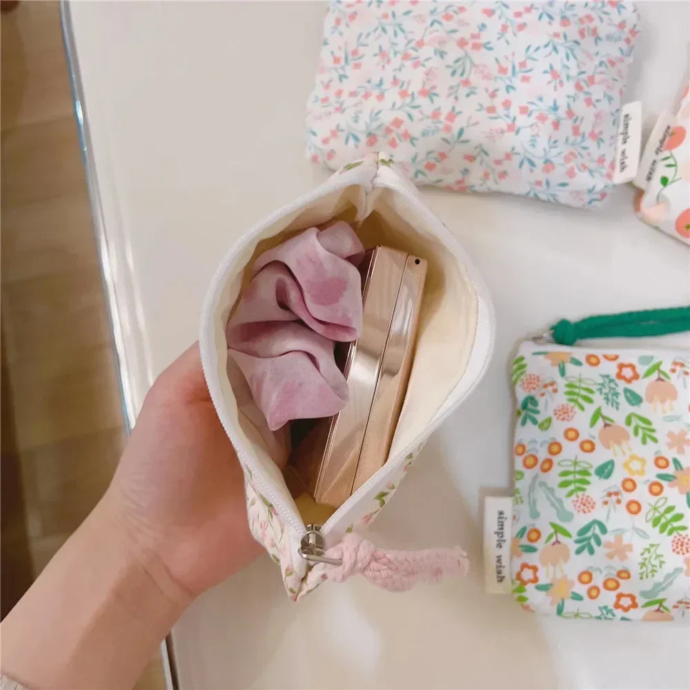 Fresh Pink Floral Cotton Cosmetic Bag Cute Mini Makeup Case for Lipstick Coin Purse card case and Earphone Storage