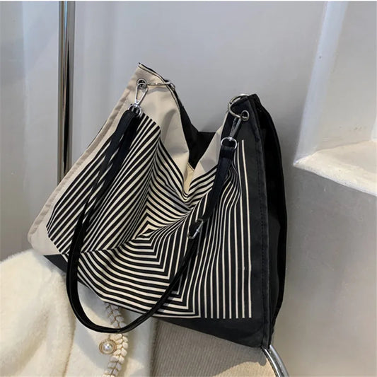 Women's Striped Canvas Shoulder Bag Large Vintage Tote