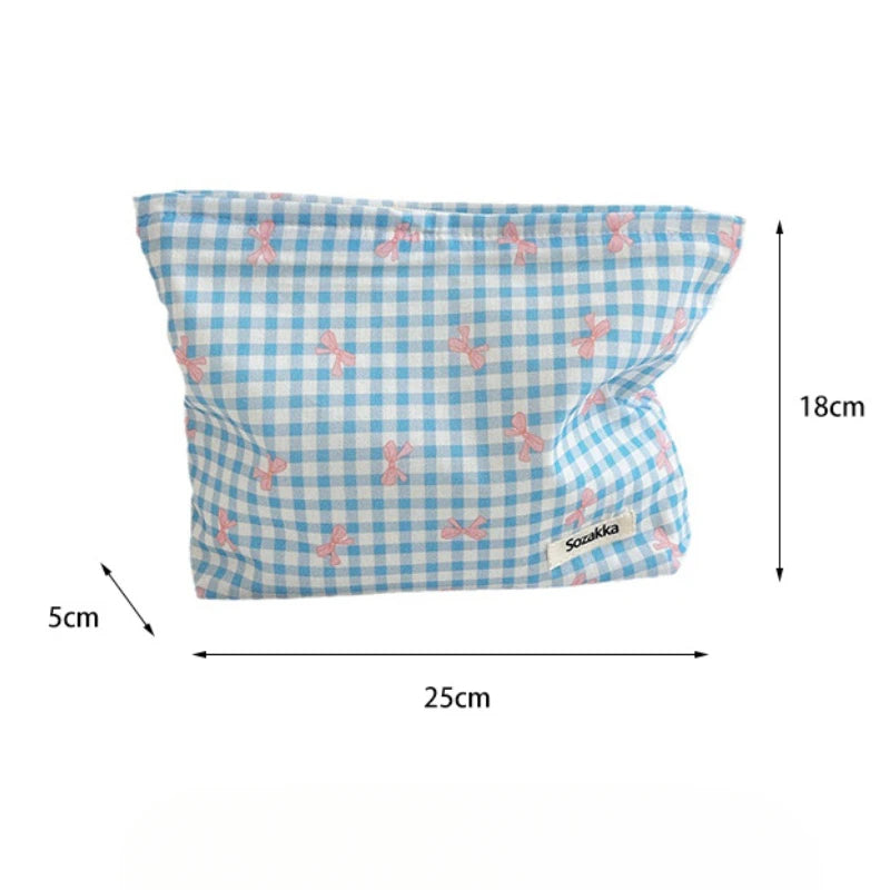 Women Makeup Pouch Plaid Bow Print Makeup Storage Bag Kawaii Makeup Bag Large Cosmetic Organizer Bag Clutch Handbag Beauty Case