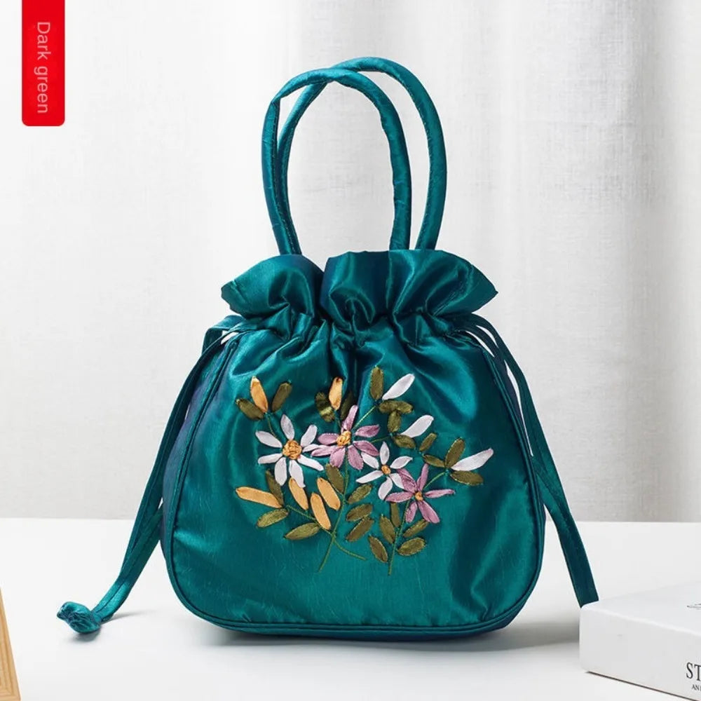 Mini Embroidered Flower Pattern Drawstring Bag Small Women Bucket Bag Top Handle Ladies Handbag Phone Bag Summer Purse