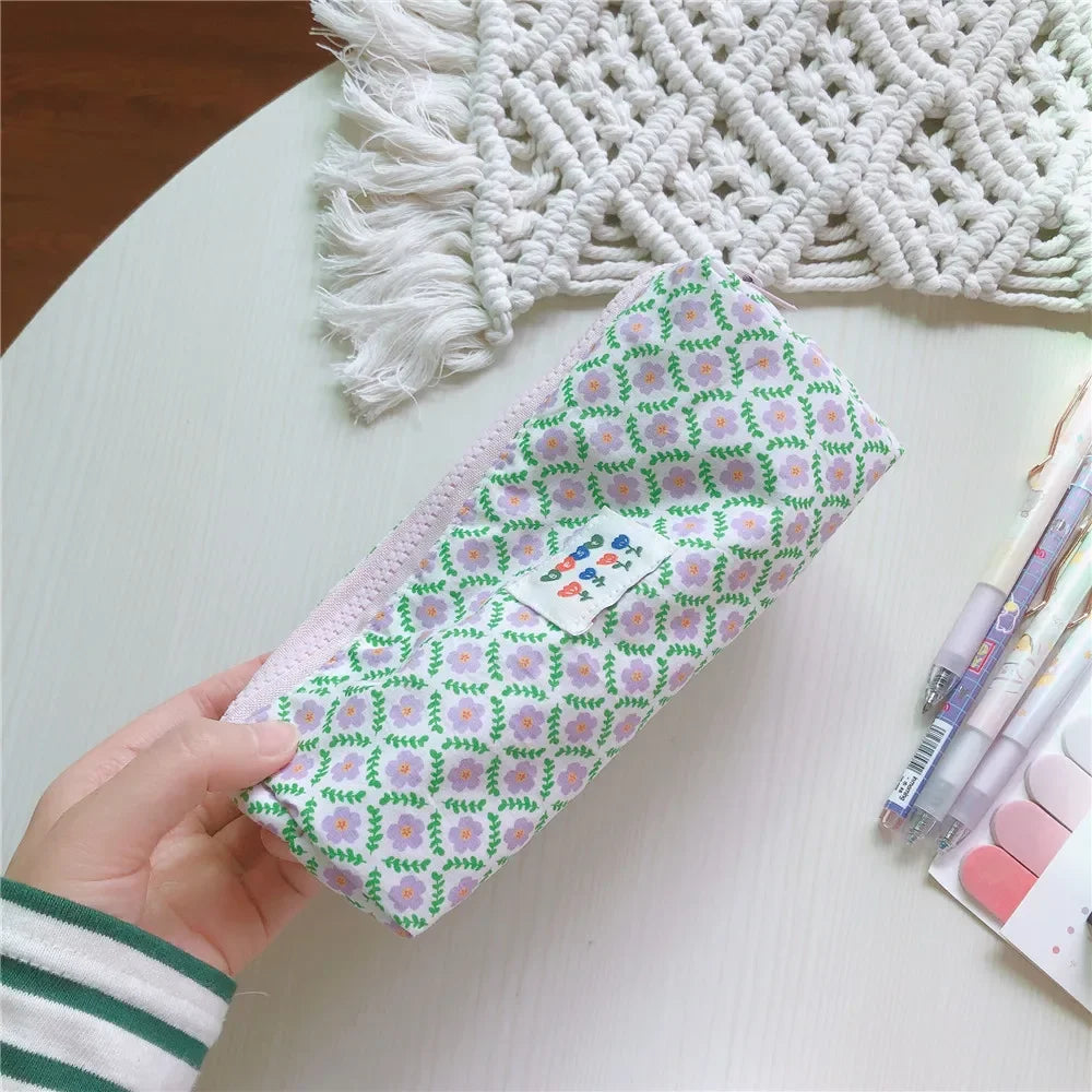 Korean Small Floral Cosmetic Bag For Women Mini Cute Makeup Cotton Fabric Toiletry Bag Pencil Case Organizer Pouch For Brushes