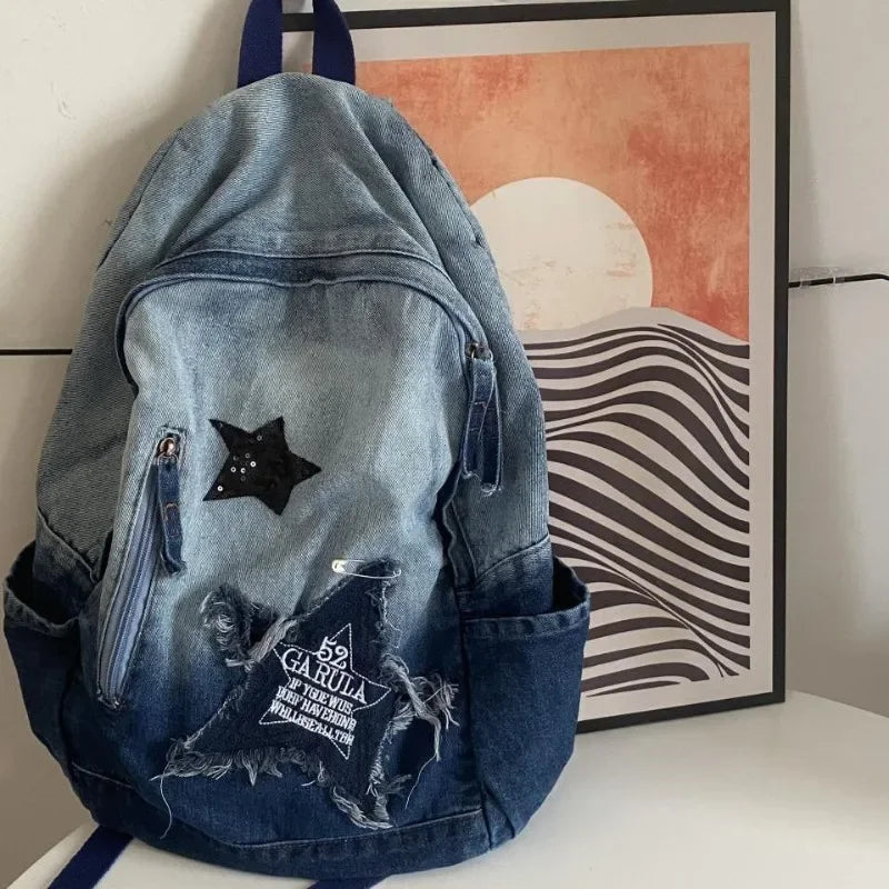 Casual Denim Star Pattern Backpack Large Capacity Vintage Punk Schoolbag