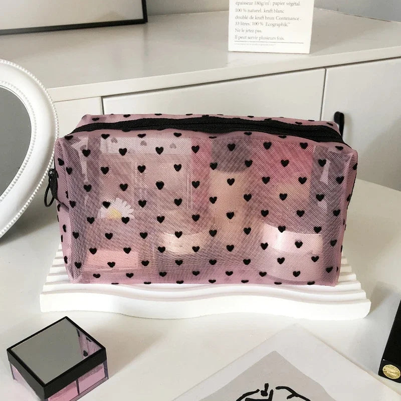 Heart-Shaped Nylon Mesh Cosmetic Bag Portable Toiletry Organizer Makeup Bag Multifunctional Women Lipstick Key Coin Purse Pouch