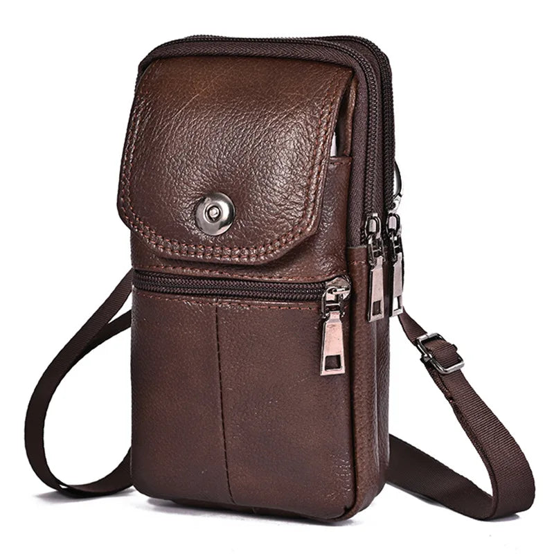 Men Leather Waist Bag Large Capacity Belt Bag Brown Shoulder Bags Crossbody Bags Multi-layer Buckle Mobile Phone Bag Bum Pouch