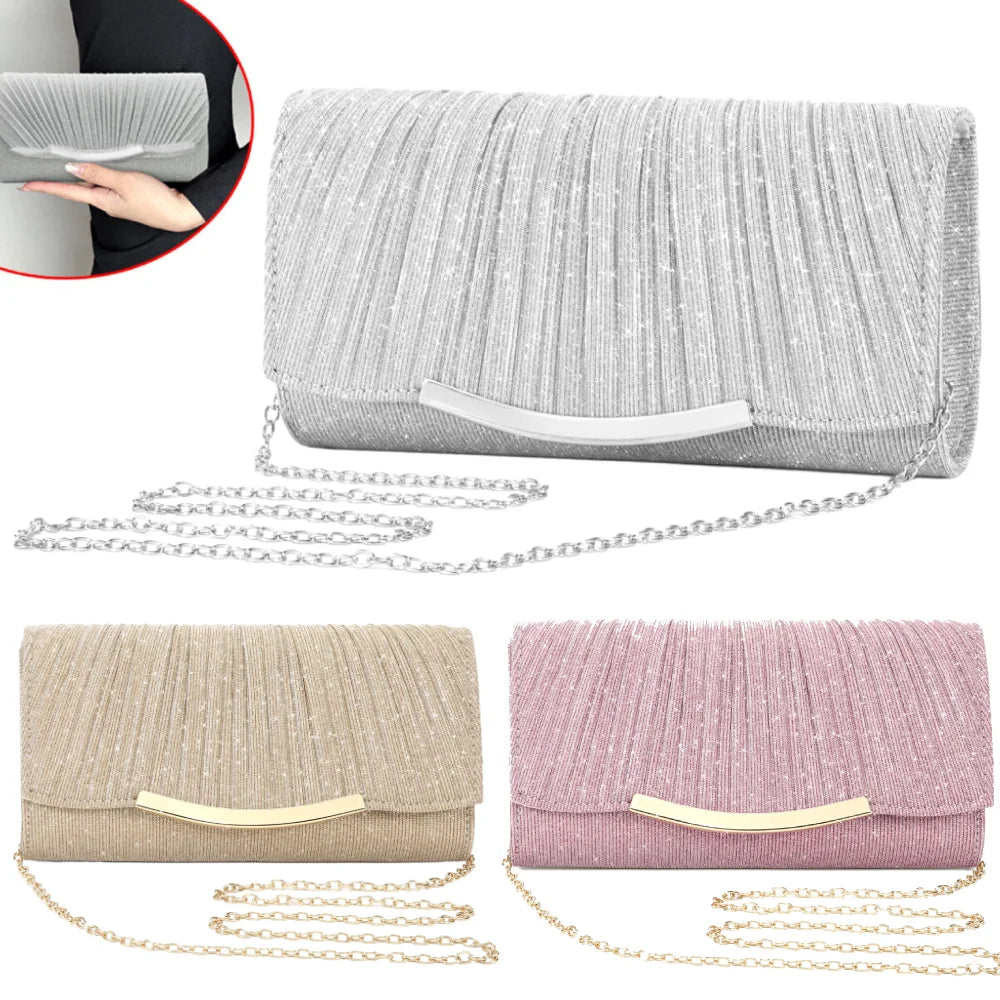 Women's Glitter Evening Clutch Bag with Chain