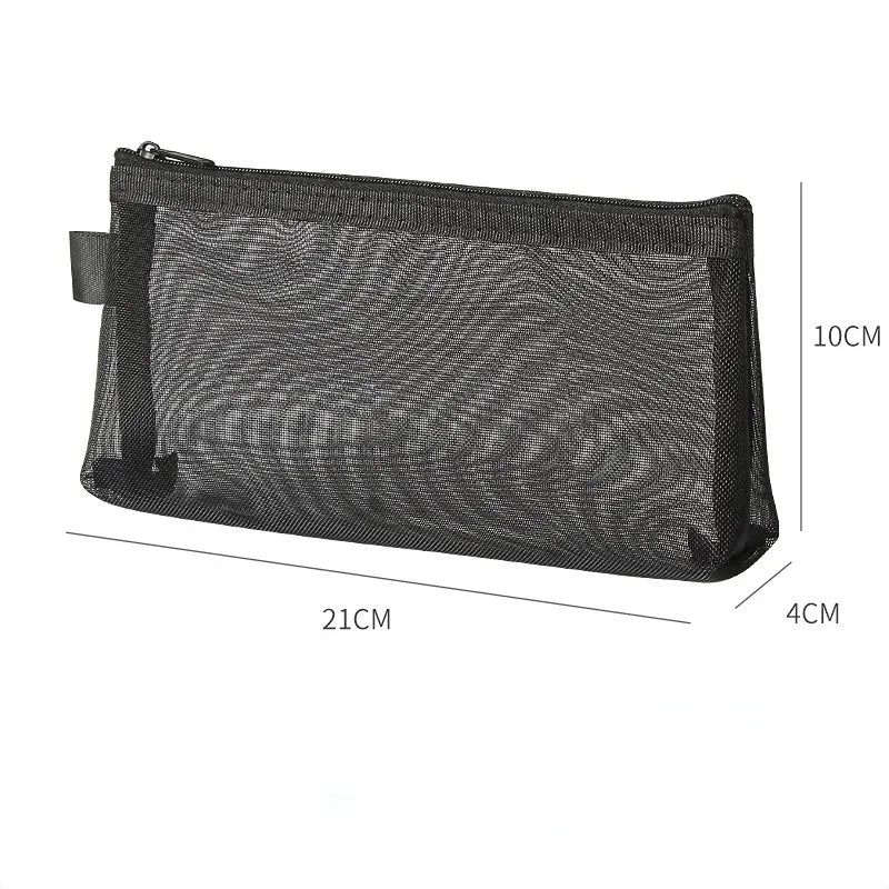 Gray Black Makeup Case Large Capacity Mesh Transparent Cosmetic Brush Bags Students Solid Color Zipper Nylon Pencil Case