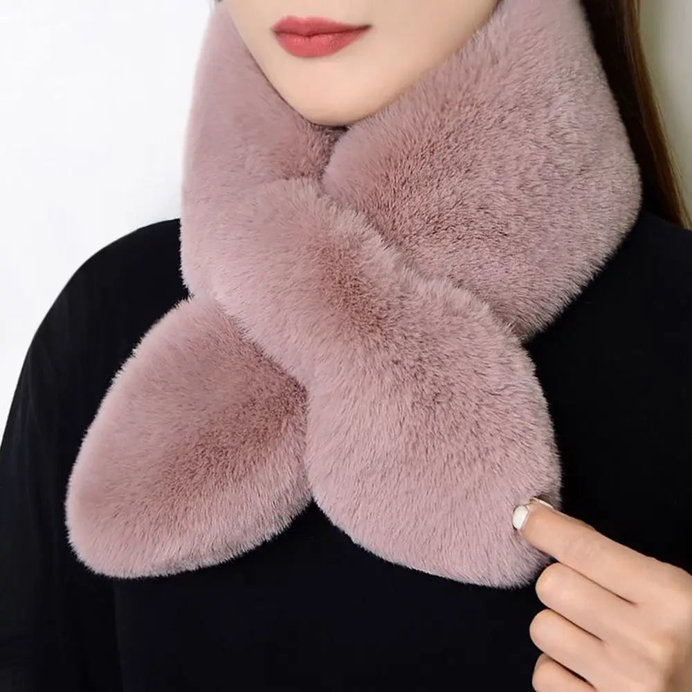 Women Girls Solid Color Cross Scarf Faux Rabbit Fur Plush Neck Scarf Thicken Shawl Neckerchief Wrap Winter Warm Neck Warmer