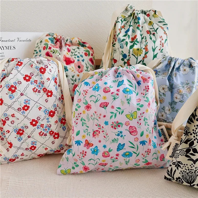 Portable Organizer for Underwear Socks Bra Cotton Makeup Bag Travel Drawstring Bags Ins Flower Print Clothes Cosmetic Bags 2025