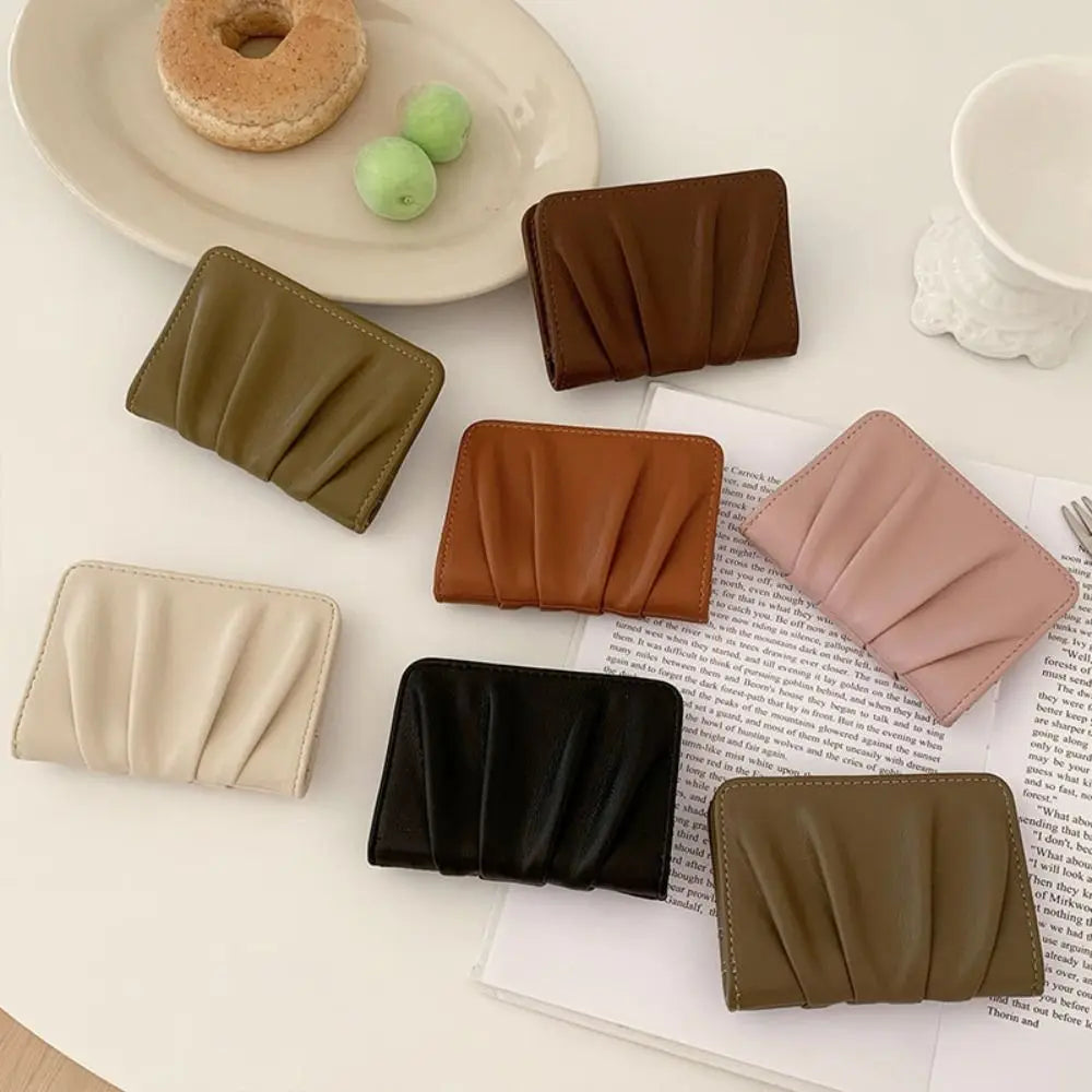 New Solid Color Women Wallets PU Leather Purses Card Holders Small Portable Coin Purse Large Capacity Wrinkled Money Bag