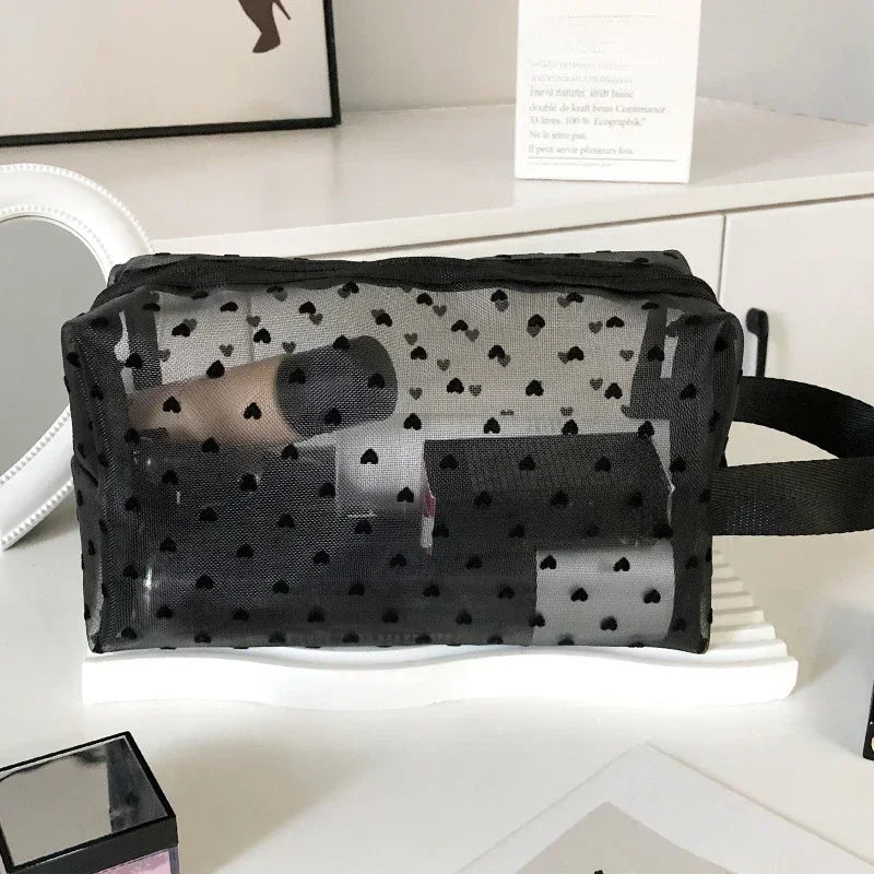 Nylon Mesh Cosmetic Bag Multifunctional Zipper Heart Shaped Toiletry Organizer Makeup Bags Women Lipstick Key Coin Purse Pouch