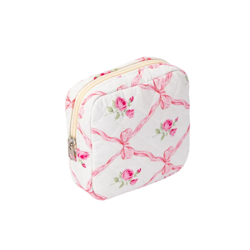 Bow Floral Women's Cosmetic Bags Cute Girls Sanitary Napkin Storage Bag Sanitary Pad Pouch Small Cosmetic Organizer Makeup Bag