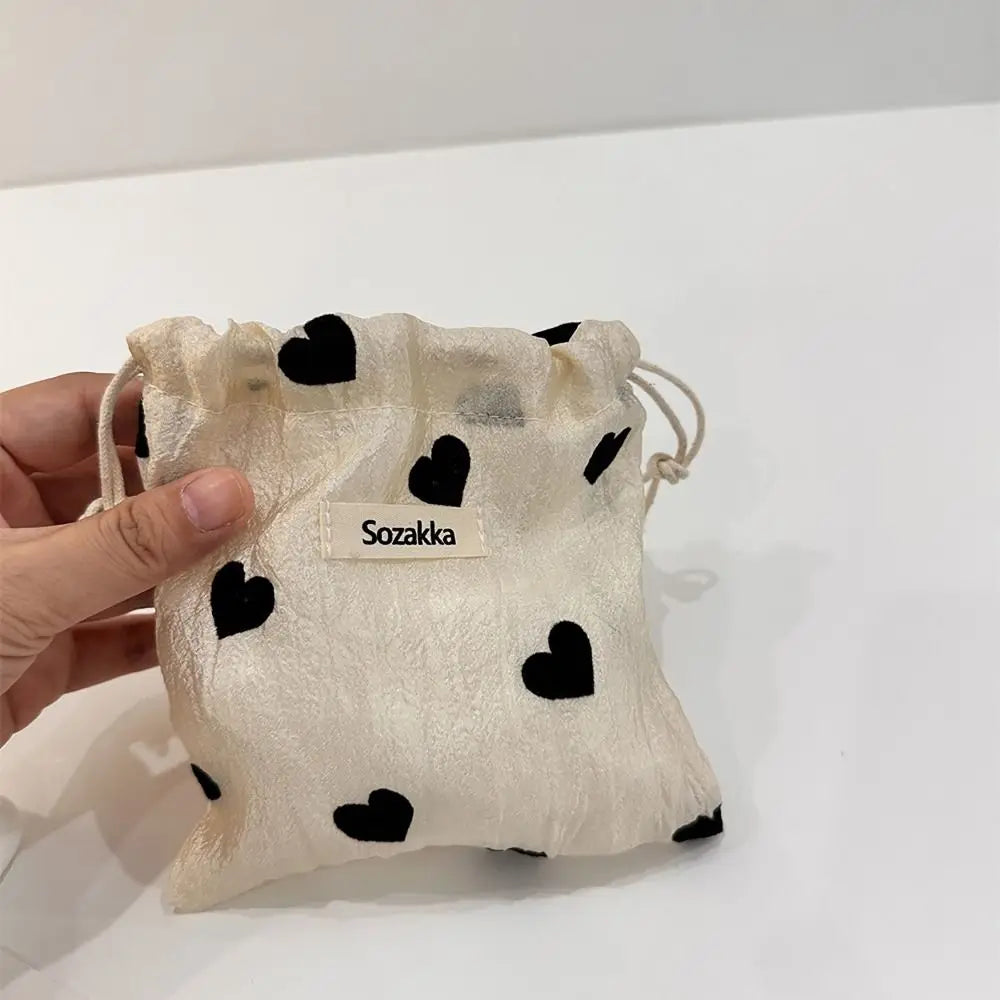 Love Drawstring Bag Polyester Pastoral Literary Style Pull Rope Pouch Coin Purse Vintage Drawstring Pocket Jewelry Storage Bag