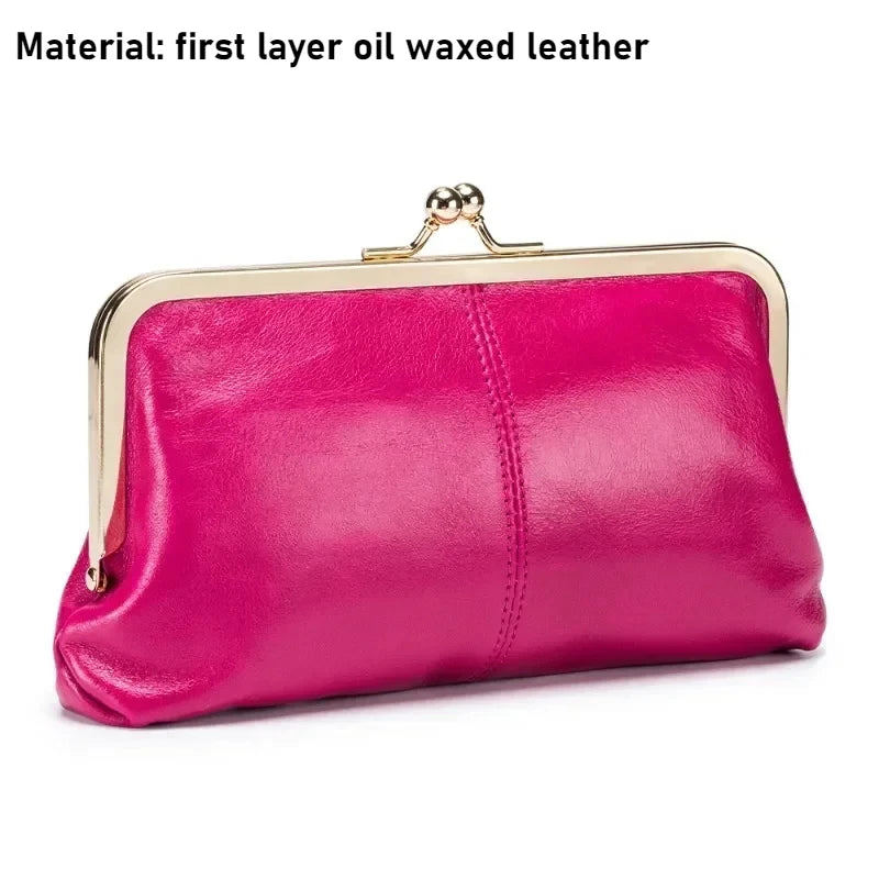 Genuine Leather Long Clutch Wallet Clip Bags Vintage Coin Purse Card Holder Key Lipstick Storage Phone Pouch Case for Women