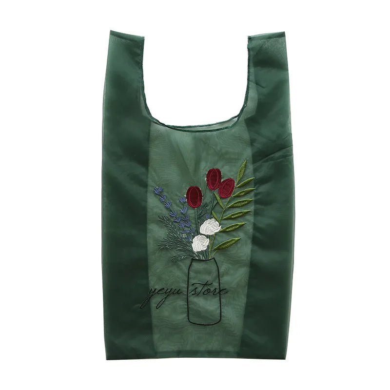 Organza Mesh Embroidered Flower Tote Bag - Large Capacity Women's Shopping Bag