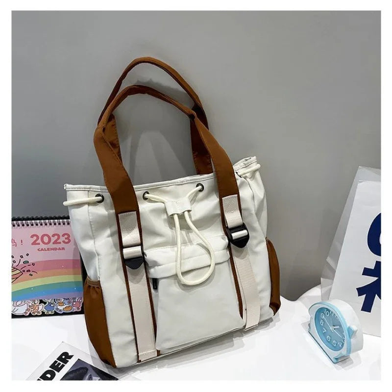 Splash Proof Nylon Fabric Shoulder Crossbody Bags for Women Multi-pocket Drawstring Tote Bag Large Capacity Student Book Handbag