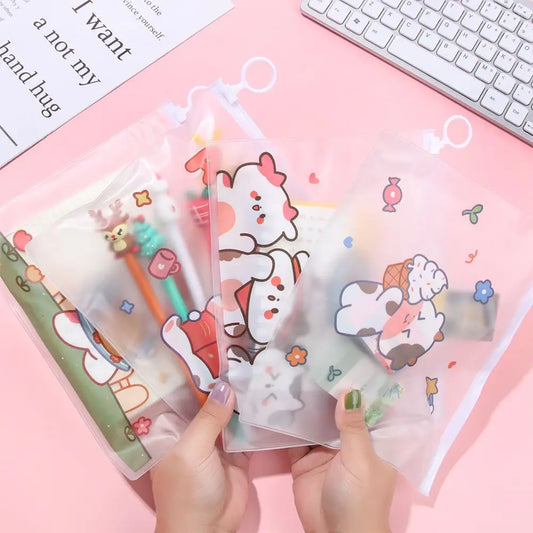 Cartoon Large Capacity Transparent Pencil Case Stationery Storage Finger Ring Zipper Bag Waterproof File Bag Cosmetic Bags