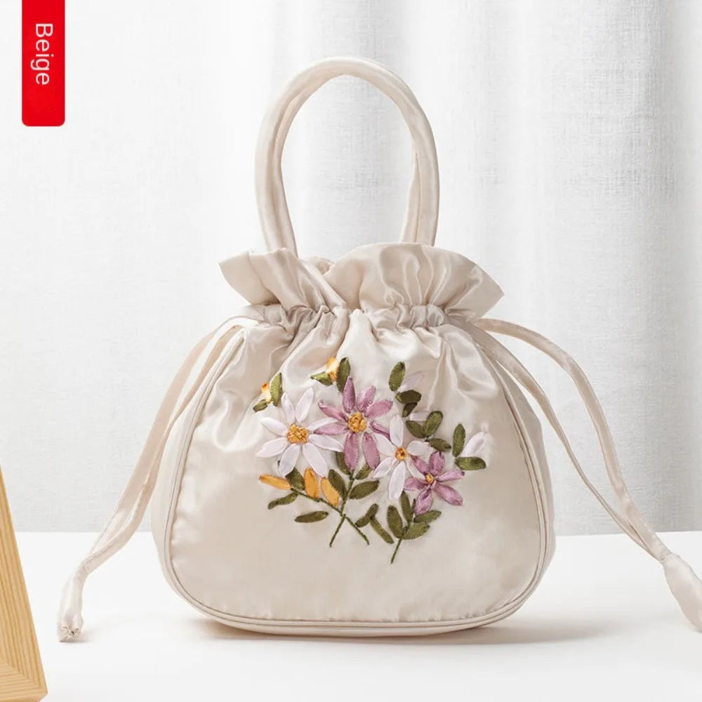 Mini Embroidered Flower Pattern Drawstring Bag Small Women Bucket Bag Top Handle Ladies Handbag Phone Bag Summer Purse