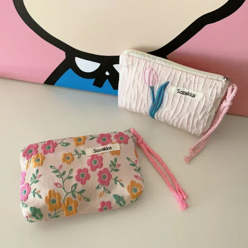 Flower Pattern Zipper Pouch Lady Girls Earphone Coin Key Money Storage Bag Coin Purses Small Fresh Cotton Coin Wallet