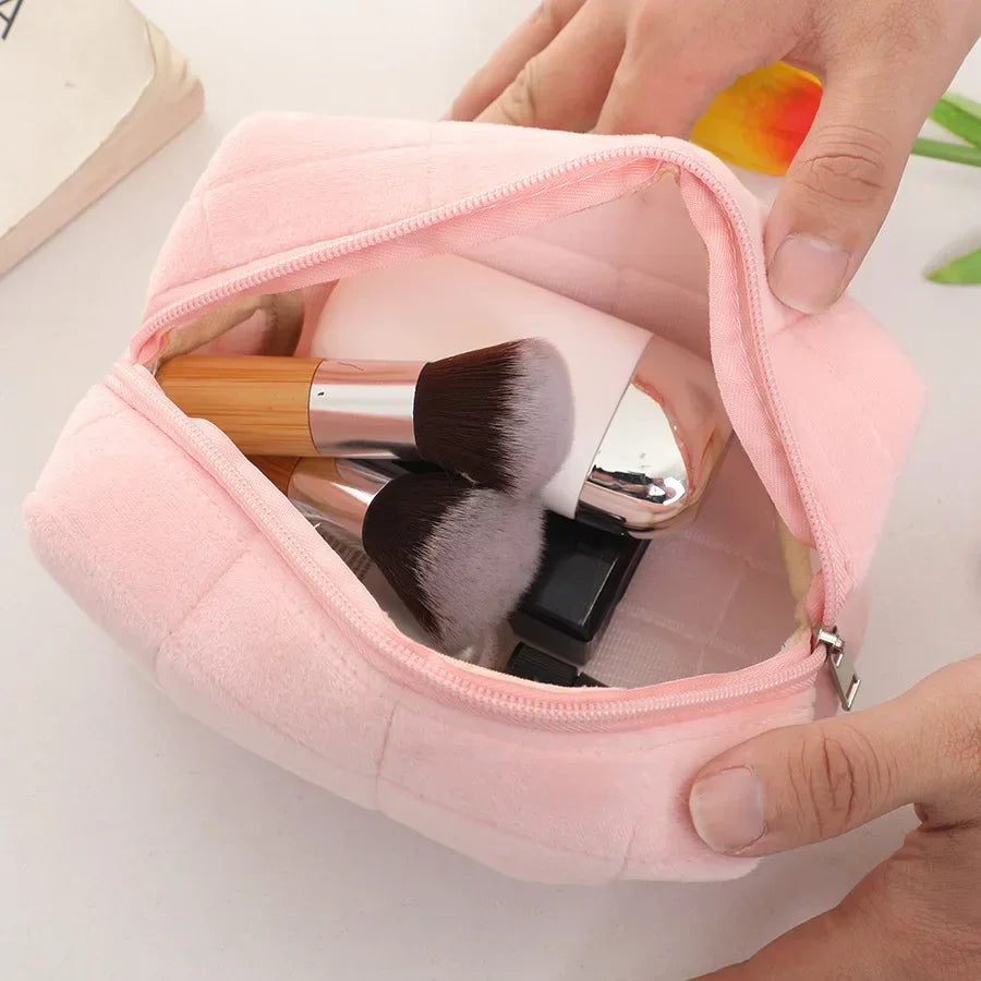 Solid Plush Cosmetic Storage Bag Large Women Zipper Makeup Organizer Handbag Stationery Pencil Case Travel Make Up Toiletry Bag