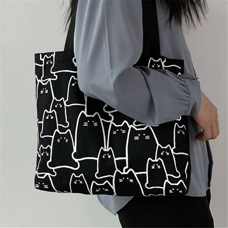 Cute Cat Canvas Tote Bag with Zipper - Women's Designer Shoulder Bag